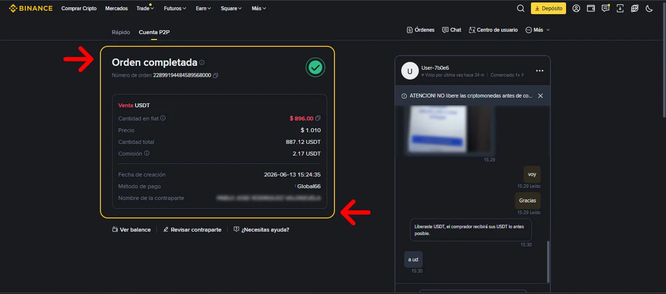 Señalización del área exacta para copiar los datos de la orden en Binance